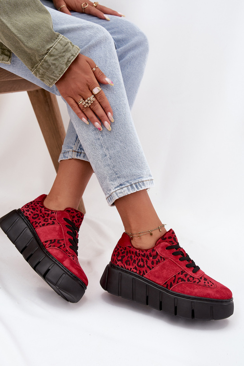 Замшеві утеплені жіночі кросівки на масивній платформі Vinceza 66841 Леопардовий Червоний