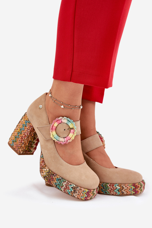 Замшеві Туфлі З Плетінням На Каблуку І Платформі 06839-04 Maciejka Бежеві