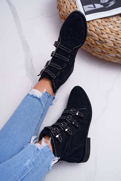 Жіночі замшеві чоботи з заклепками і пряжками чорного кольору Berugio