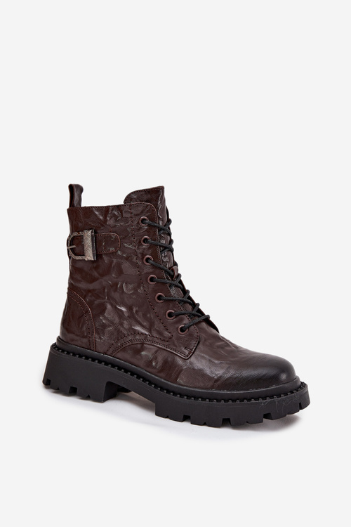 Шкіряні жіночі ботильйони з ефектом зморщування та пряжкою Artiker 57C1007 Шоколадні