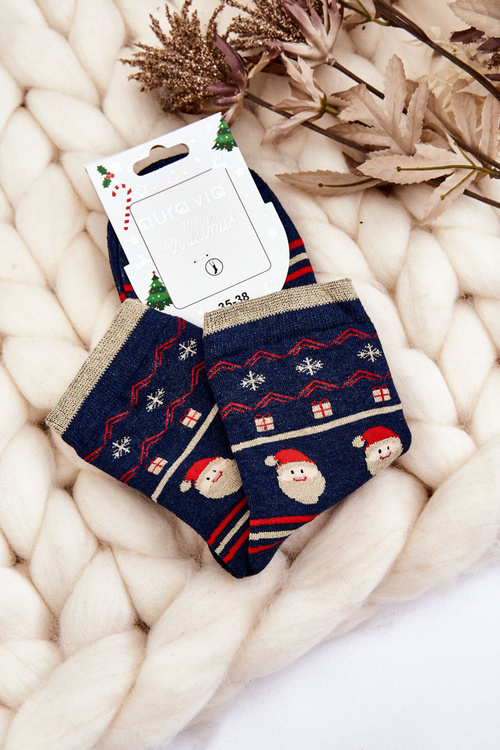 Жіночі шкарпетки з різдвяним візерунком Santa Navy Blue
