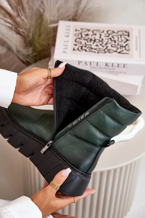 Жіночі шкіряні ботильйони на блискавці утеплені повстю темно-зелені Zazoo 60512