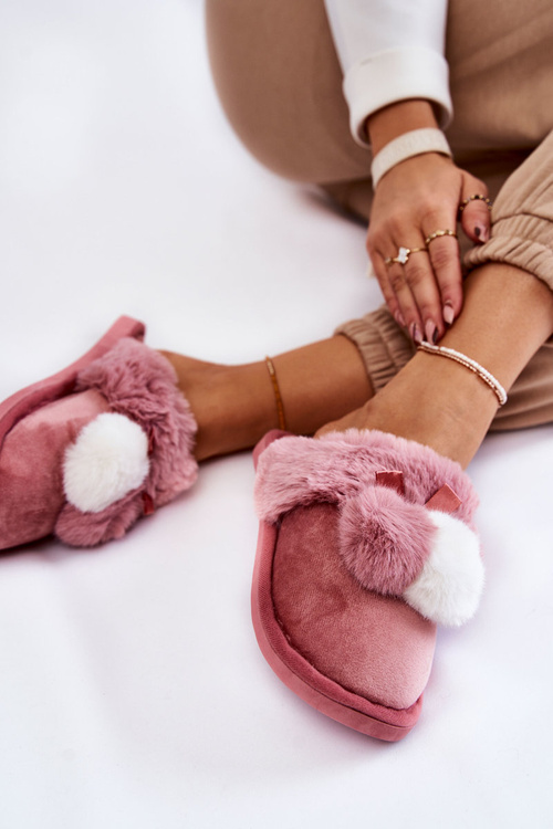 Жіночі тапочки з помпонами і хутром Рожева сахіра