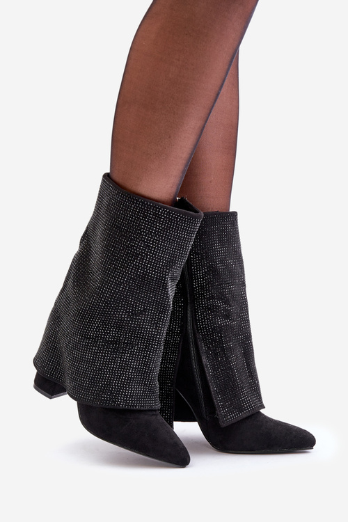 Прикрашені блискучі ботильйони з точеним чобітком на підборах, утеплені чорні Xistaria