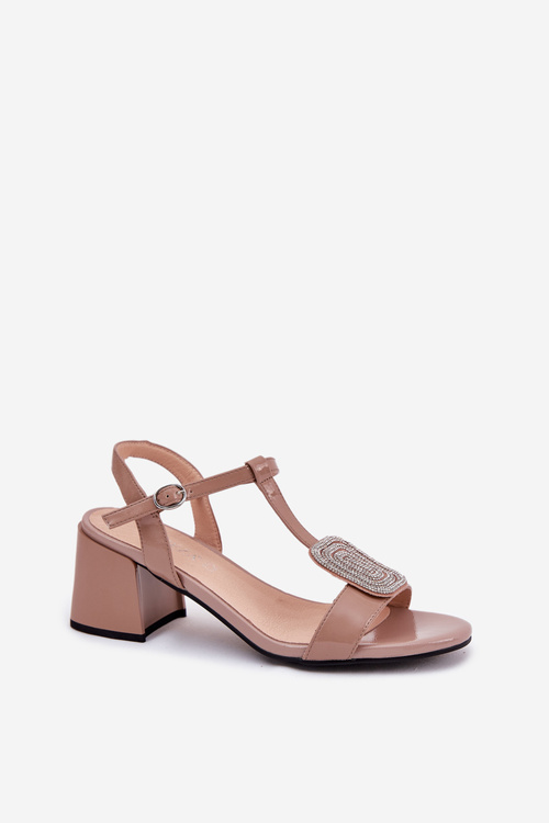 Лаковані Шкіряні Жіночі Сандалі На Каблуку З Декорацією Vinceza 91134 Бежеві