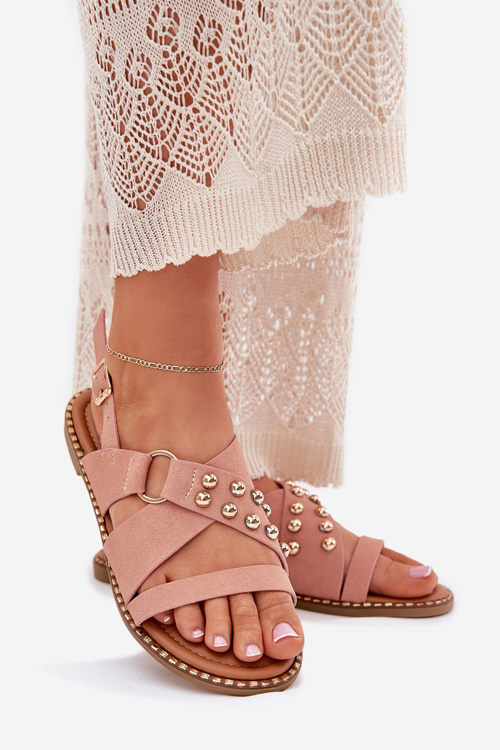 Жіночі Сандалі На Плоскому Каблуці З Золотими Шипами Рожеві Zanira