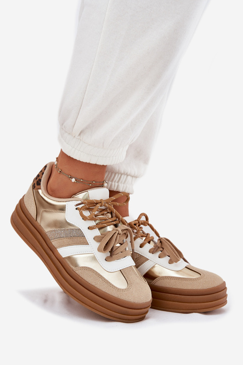 Жіночі Кросівки На Платформі З Подвійним Шнурівкою Леопард Золоті Шпильки