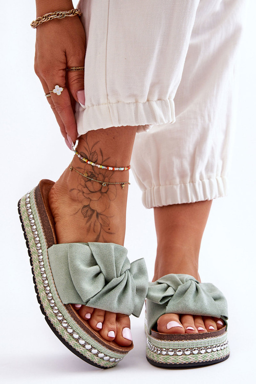 Жіночі замшеві тапочки з бантом зелені Lauria