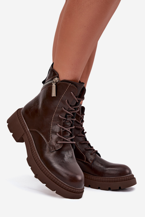 Шкіряні жіночі робочі ботінки з підкладкою Big Star SS274453 коричневі