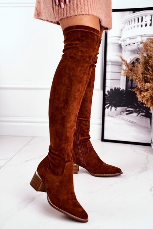 Жіночі високі чоботи до коліна Еко-замша Camel Indigo