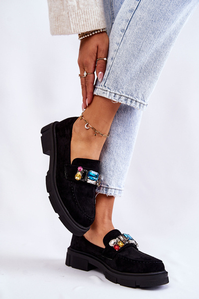 Жіночі замшеві лофери з декором чорні Karlott