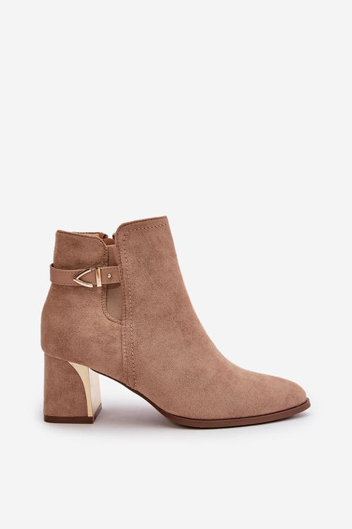Жіночі ботильйони на каблуці, застібка-блискавка, еко-замша темно-бежева Bonucci