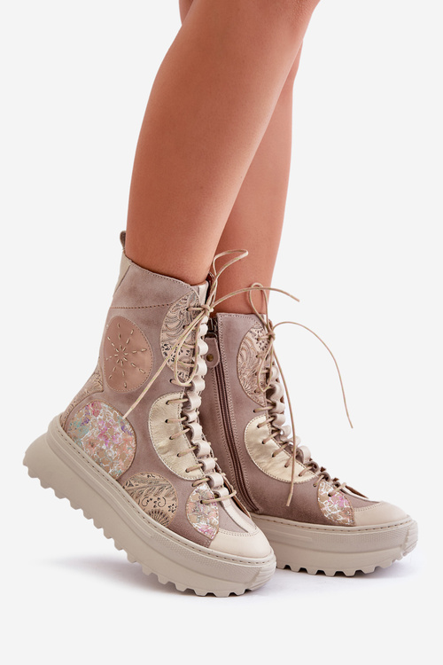 Шкіряні замшеві ботильйони на платформі утеплені Maciejka 06565-04 Бежеві