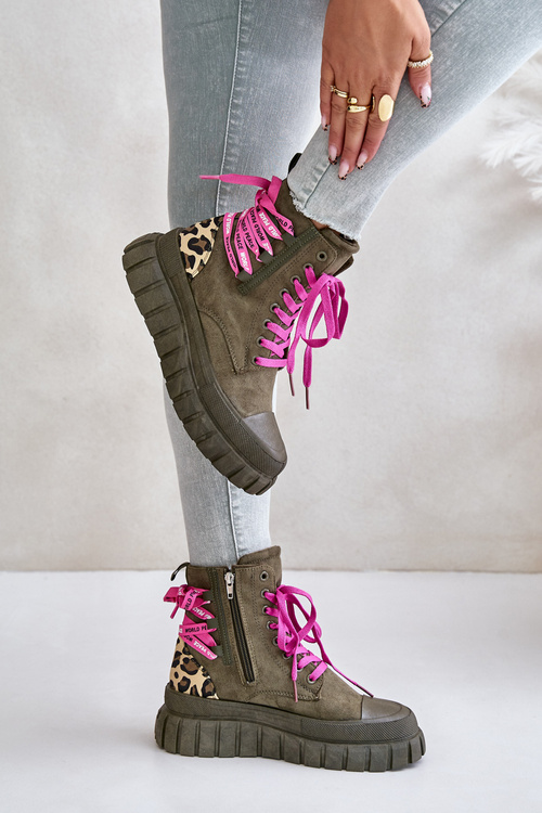 Чоботи жіночі на платформі з декоративною шнурівкою Leopard Green Edidda