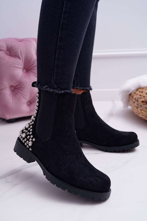 Жіночі чоботи на плоскій підошві, металеві шпильки, чорні бінарні