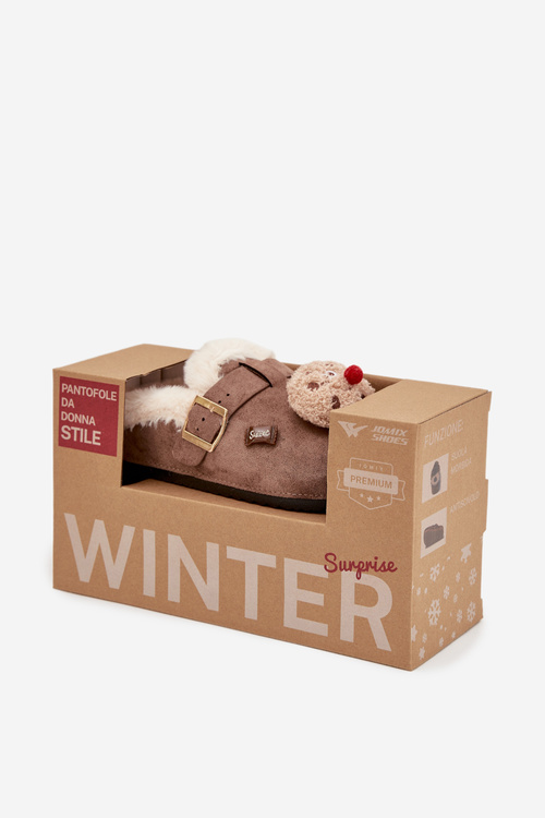 Жіночі тапочки з оздобленнями та пряжкою підкладені хутром коричневі Thalora