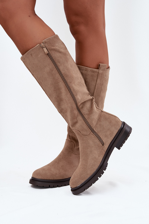 Жіночі чоботи з утепленням на плоскій підошві Еко замша Темно бежеві Delyssa