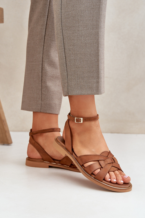 Шкіряні Жіночі Сандалі На Плоскому Каблуці Zazoo 3688 Camel