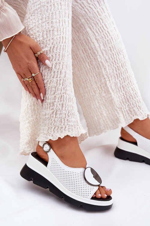 Шкіряні Жіночі Сандалі На Танкетці З Декором S.Barski LR51-788 Білі