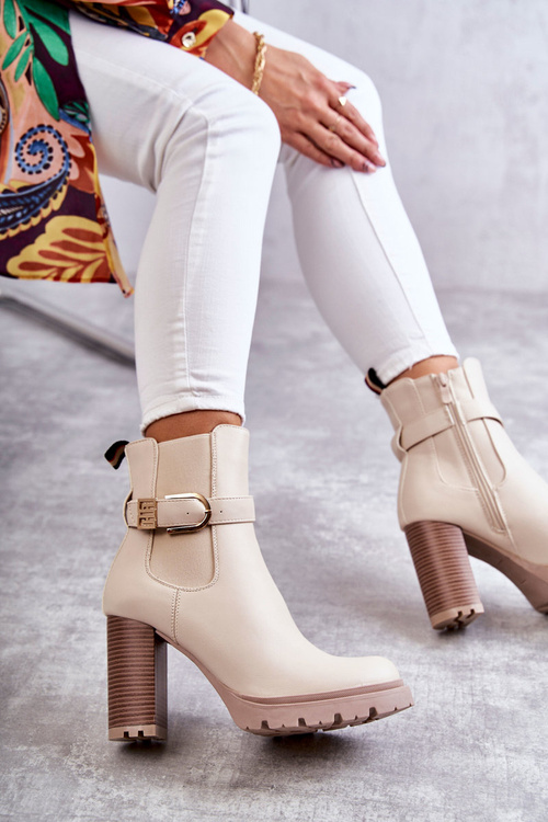 шкіряні чоботи на посту з декоративним поясом Бежевий Maresol