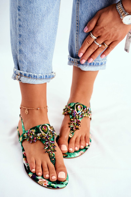 Жіночі босоніжки Елегантні шльопанці з кристалами зеленого кольору під контролем