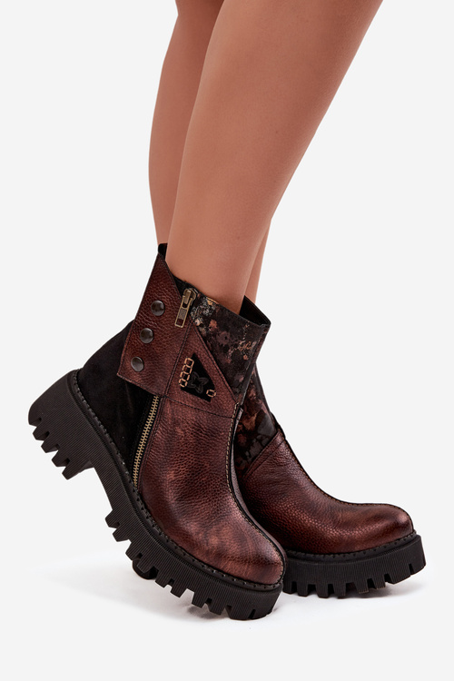 Шкіряні утеплені черевики на платформі та плоскому каблуці Maciejka 06140-02 коричневі