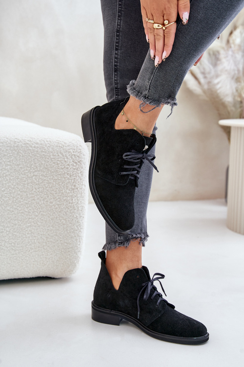 Zazoo 2959 Замшеві оксфорди на шнурівці на плоскій підборі чорні