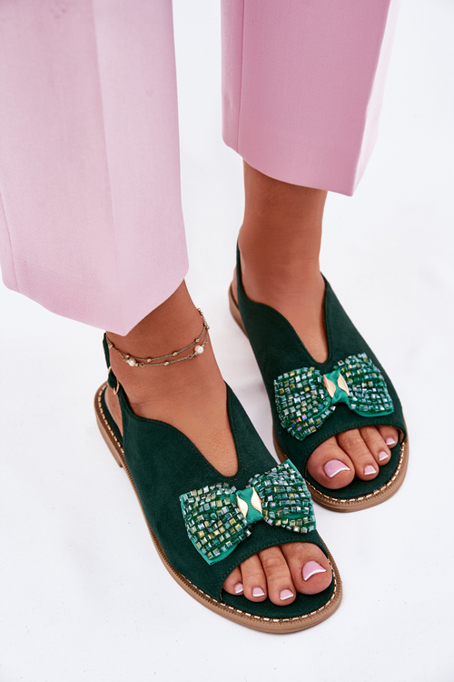 Жіночі Сандалі З Бантом На Низькому Каблуку S.Barski KV51-014 Зелені