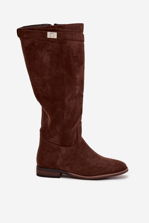 Зимові жіночі чоботи на плоскому підборі з ремінцем і срібним деталлю Коричневі Geraline