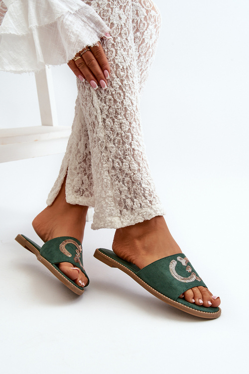 Жіночі шльопанці на плоскій підошві з паєтками S.Barski KV27-052 Зелений