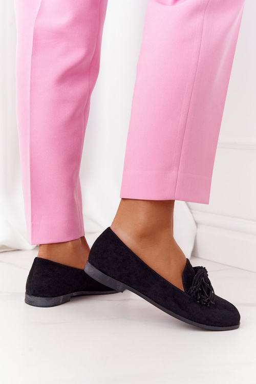 Замшеві жіночі лофери з бахромою Чорні Alicante