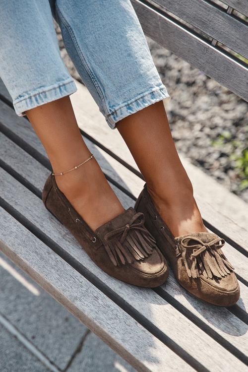 Жіночі мокасини з бахромою та бантом темно-зелені Olivianne