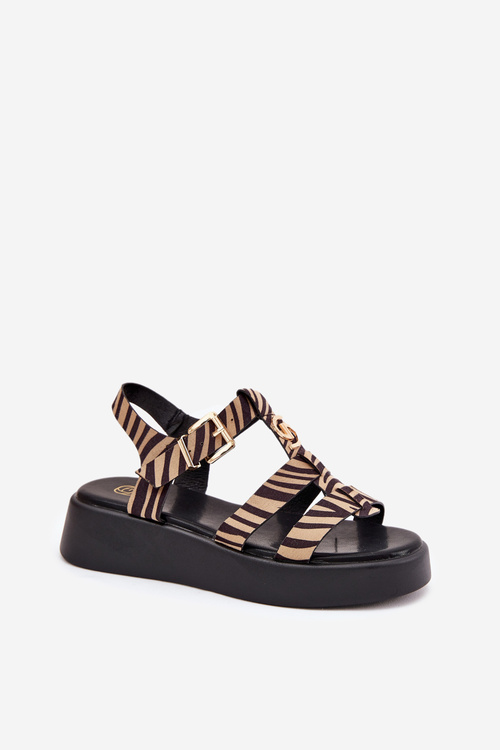 Жіночі Сандалі На Платформі З Золотим Деталем Зебра Бежево-Чорні Fevire
