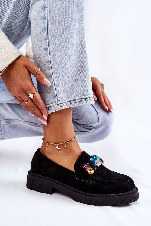 Жіночі замшеві лофери з декором чорні Karlott