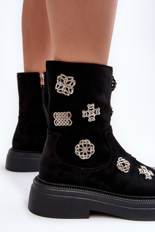 Шкіряні стьобані черевики з прикрасами D&A MR870-14 Чорні