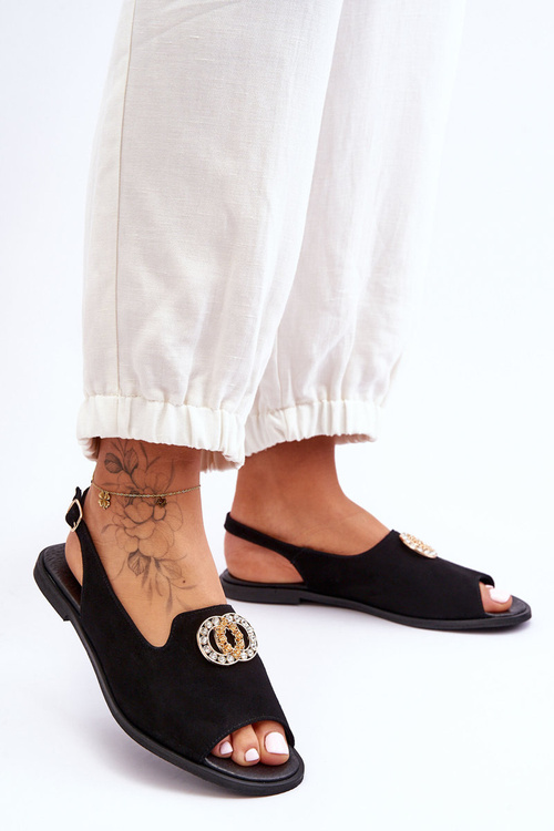 Замшеві босоніжки на плоскій підошві з декором Nicole 2744/002 Чорні