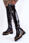 Модні лаковані жіночі чоботи вище коліна чорного кольору