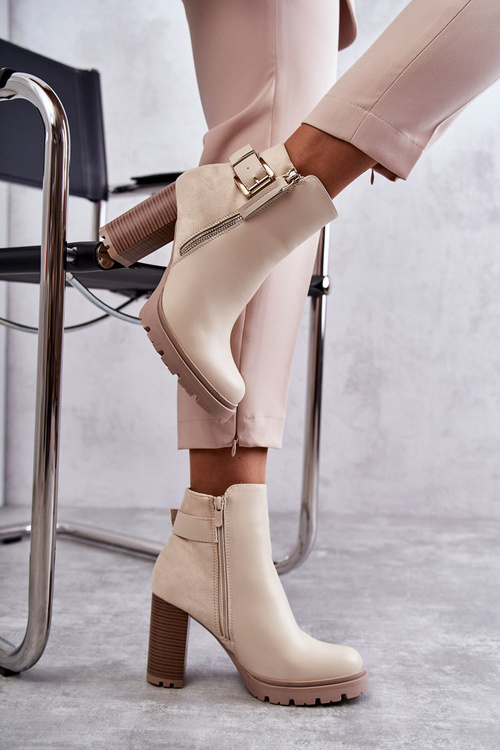 Шкіряні чоботи на високих підборах з декоративною блискавкою Бежеві Rosita