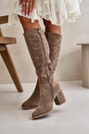 Жіночі вирізані чоботи на каблуці з еко-замші Vinceza 16443 темно-бежевий