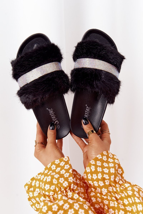 Тапочки на платформі з хутром і кубічним цирконієм чорного кольору Impress