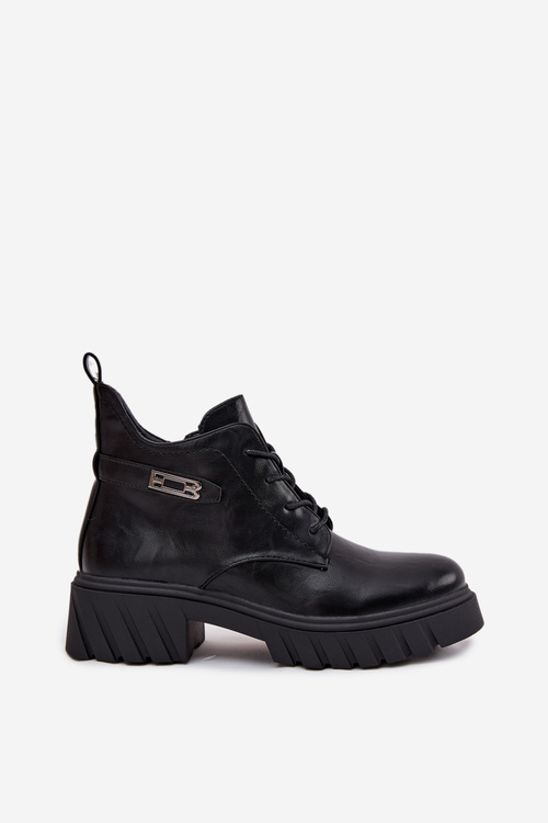 Низькі утеплені жіночі черевики на підборах з оздоблювальним ремінцем Чорні Therisse