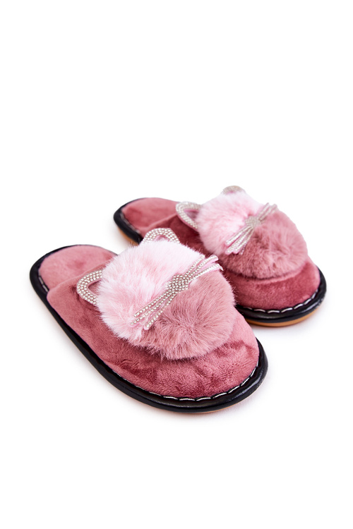 Дитячі тапочки з кошеням і стразами Темно-рожеві Carliss