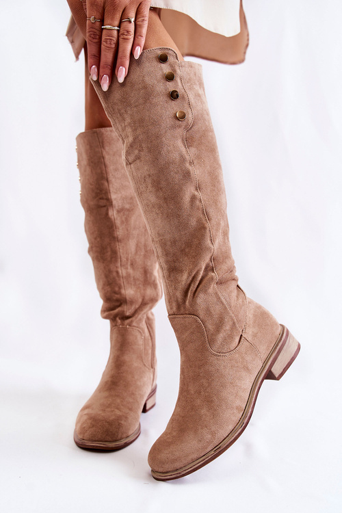 Теплі замшеві чоботи на підборах бежеві Laura