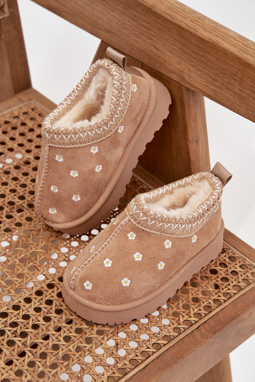 Дитячі зимові чоботи з квітами оббиті хутром бежеві Palina