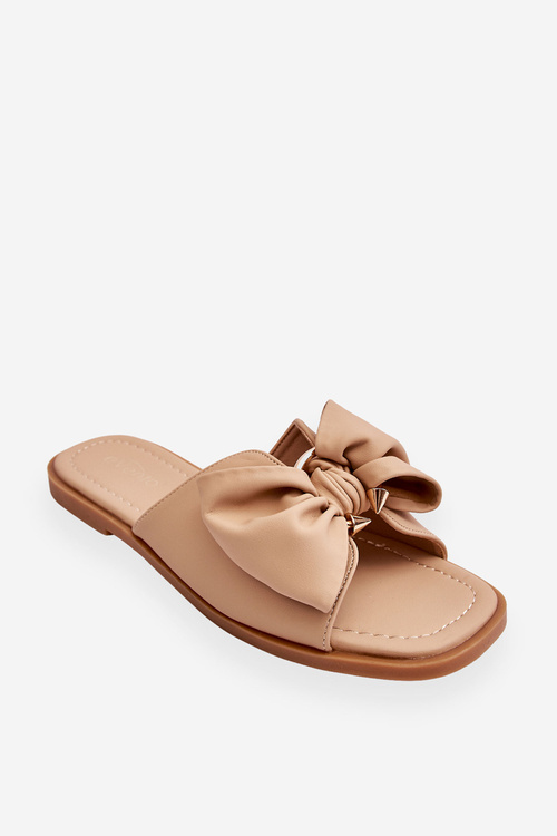 Жіночі шкіряні тапочки з бантом бежеві Becky