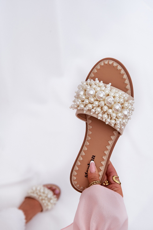 Жіночі Плоскі Сандалі З Декоративними Перлинами Бежеві Aricca