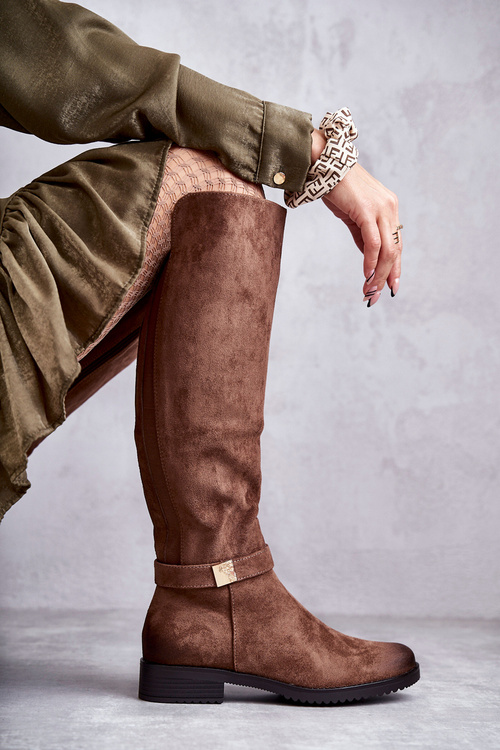 Жіночі замшеві чоботи на плоскій підошві коричневого кольору Henrike