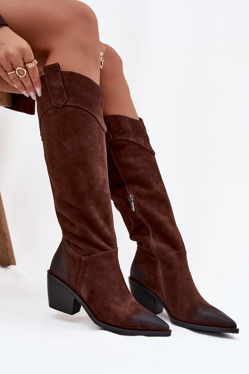 Жіночі Ковбойські Ботфорти На Каблуці З Натуральної Замші Artiker 57C0230 Коричневі