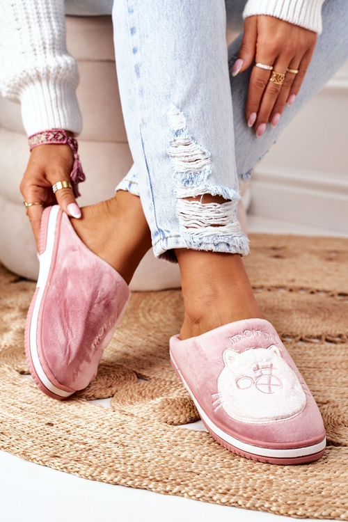 Велюрові тапочки з котиком Темно-рожеві Доброго ранку