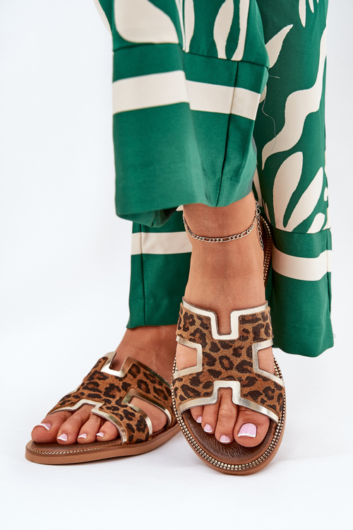 Шкіряні Плоскі Сандалі З Пантерами Zazoo 40383 Коричневі